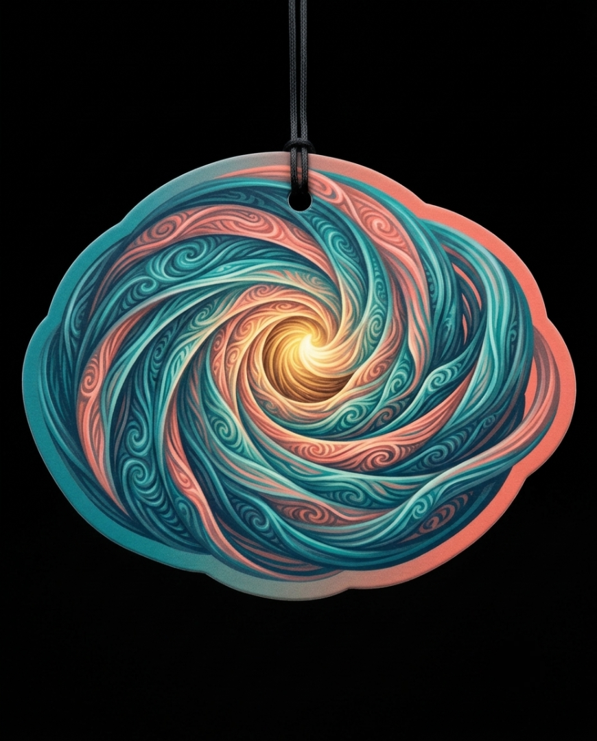 A round, scalloped decorative ornament or plate featuring a vibrant, swirling abstract pattern in teal, coral pink, and cream, suspended by a thin black string against a solid black background.