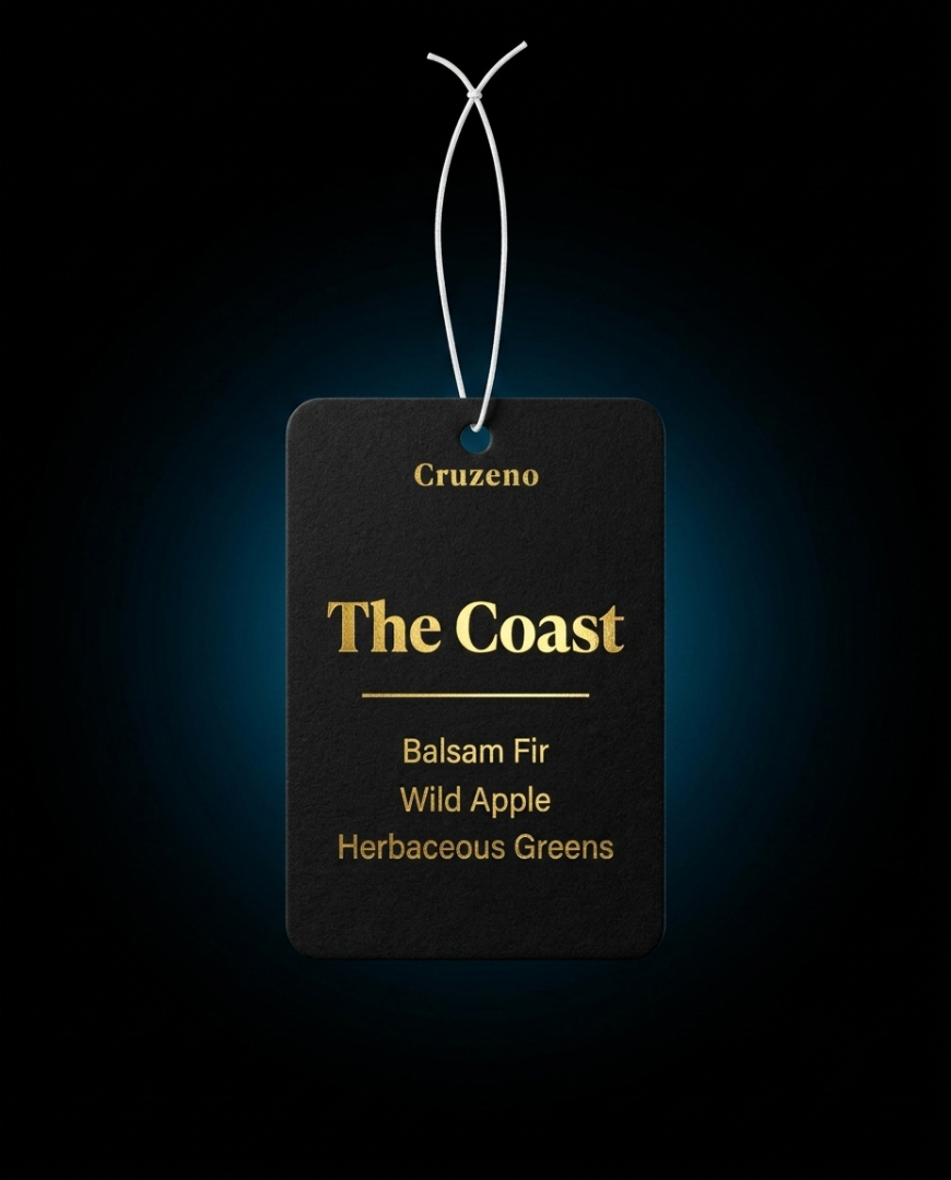 Black tag with gold text on a dark background