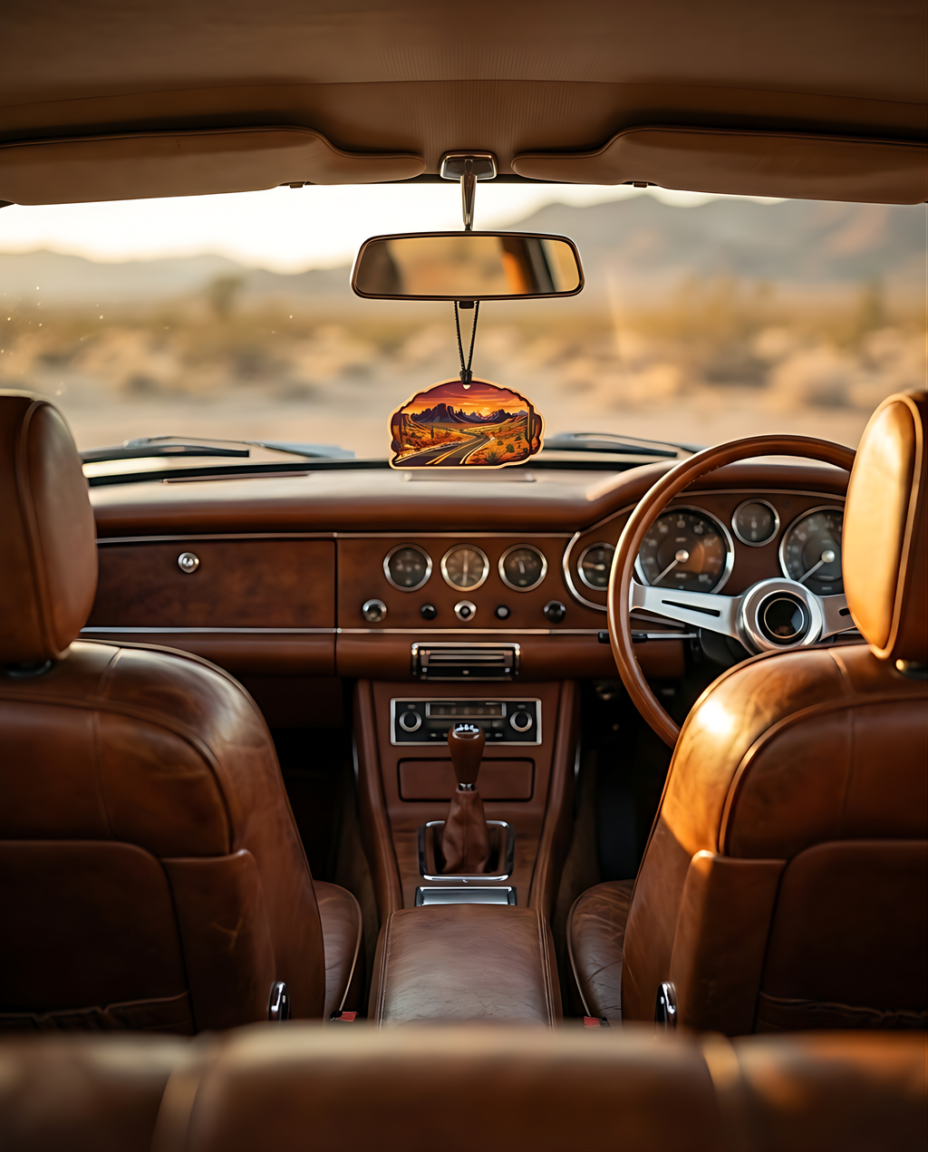 A hanging car air freshener with a desert landscape print is suspended from the rearview mirror inside a vintage car with brown leather seats and wood dashboard.