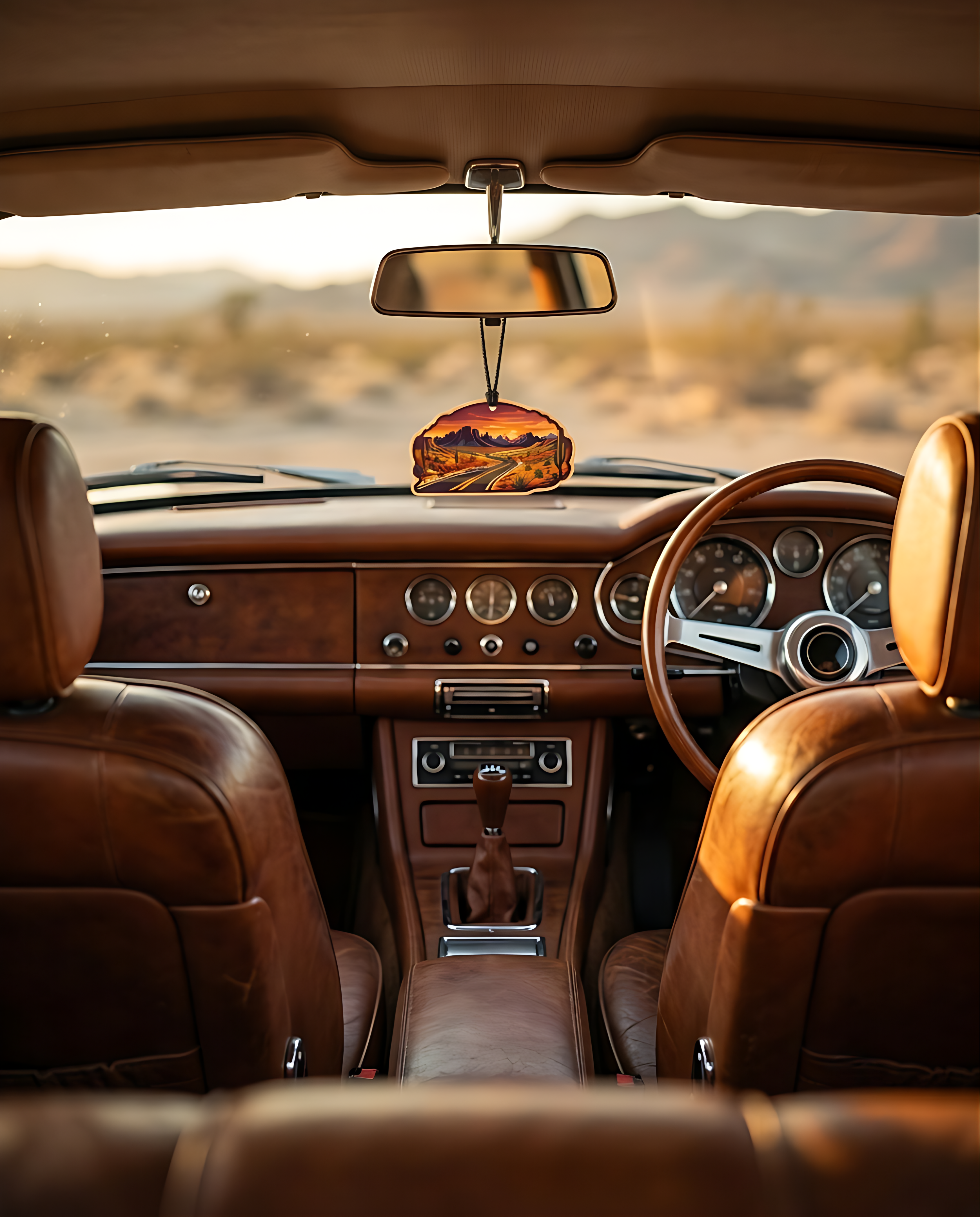 A hanging car air freshener with a desert landscape print is suspended from the rearview mirror inside a vintage car with brown leather seats and wood dashboard.