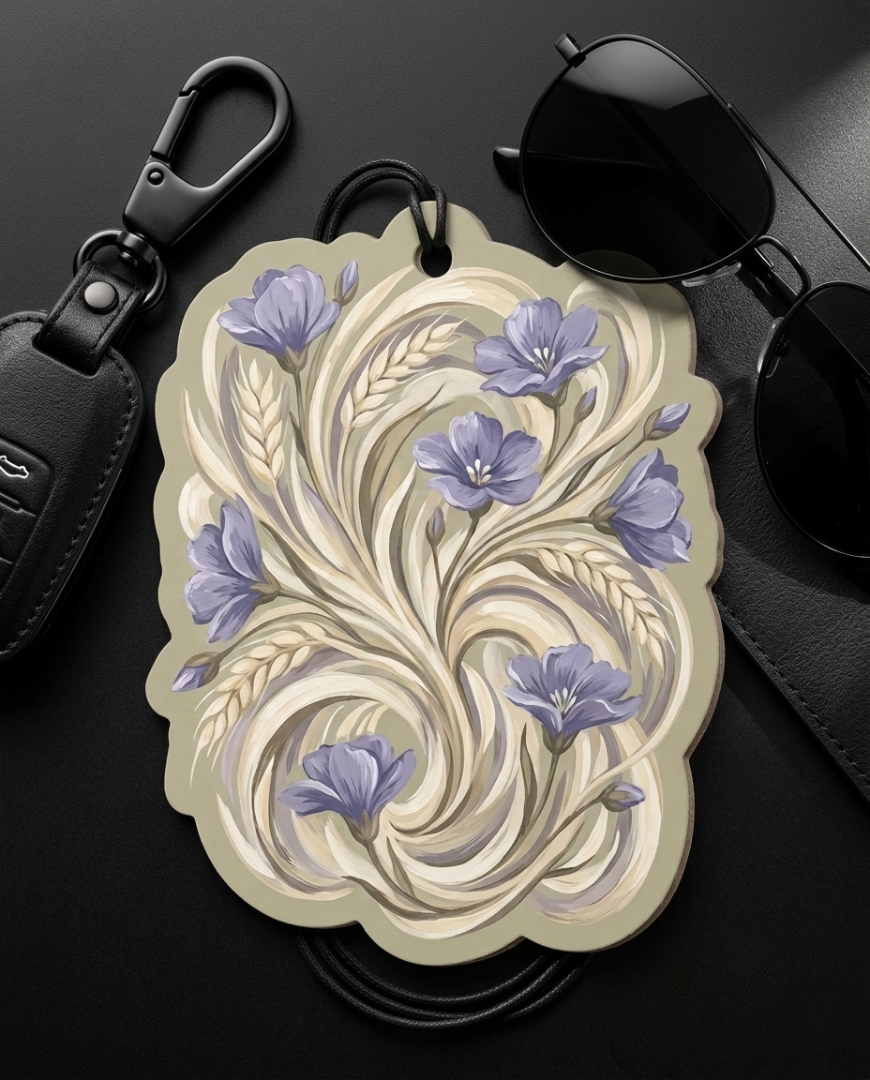A decorative car air freshener tag with a vintage floral design, styled on a dark surface with sunglasses and a key fob.