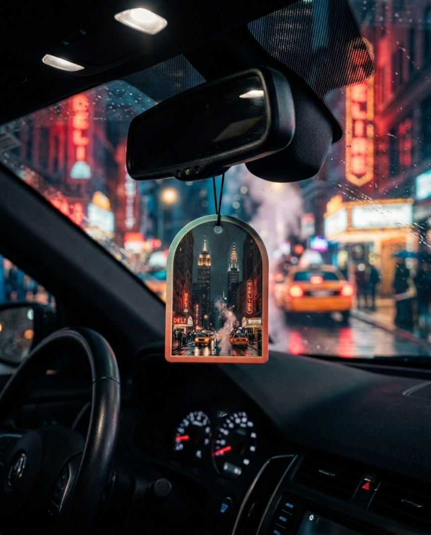 A car air freshener hanging from the rearview mirror inside a car, showing a nighttime city street scene with neon lights and a yellow cab outside the windshield.
