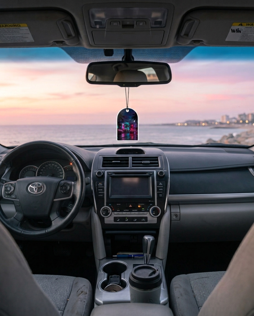 A car interior dashboard view with a hanging perfume bottle centered under the rearview mirror, with a sunset ocean and city skyline visible through the windshield.