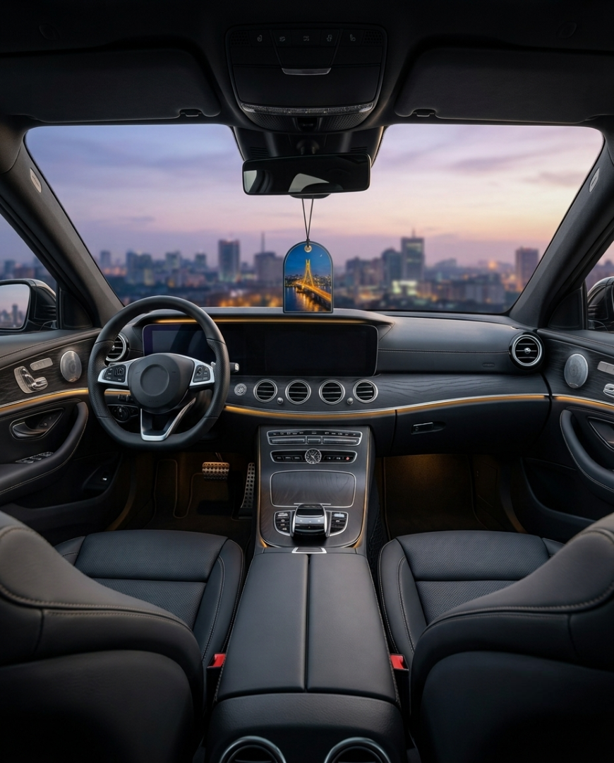 A luxury car interior with black leather seats, a dark dashboard, wood trim accents, and a city skyline visible through the windshield at dusk.