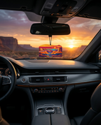 A colorful, patterned car air freshener hangs from the rearview mirror inside a luxury vehicle cabin, with a scenic desert sunset visible through the windshield.