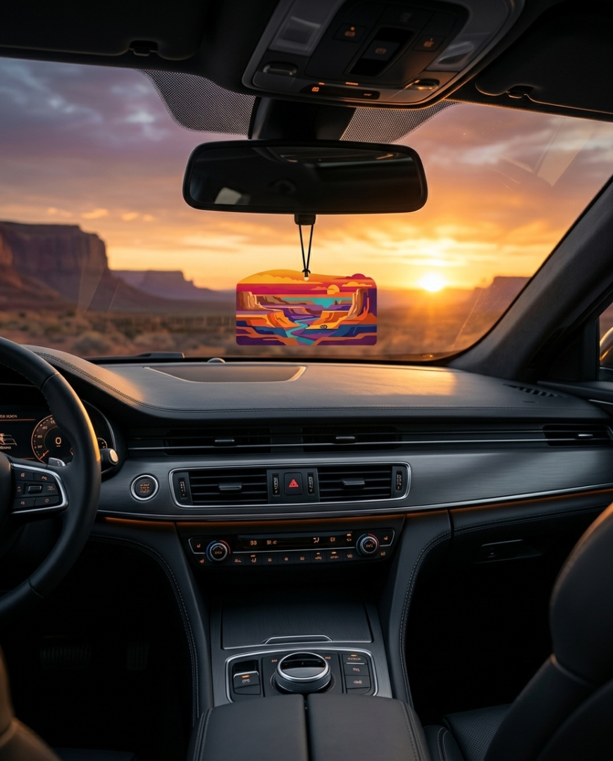 A colorful, patterned car air freshener hangs from the rearview mirror inside a luxury vehicle cabin, with a scenic desert sunset visible through the windshield.