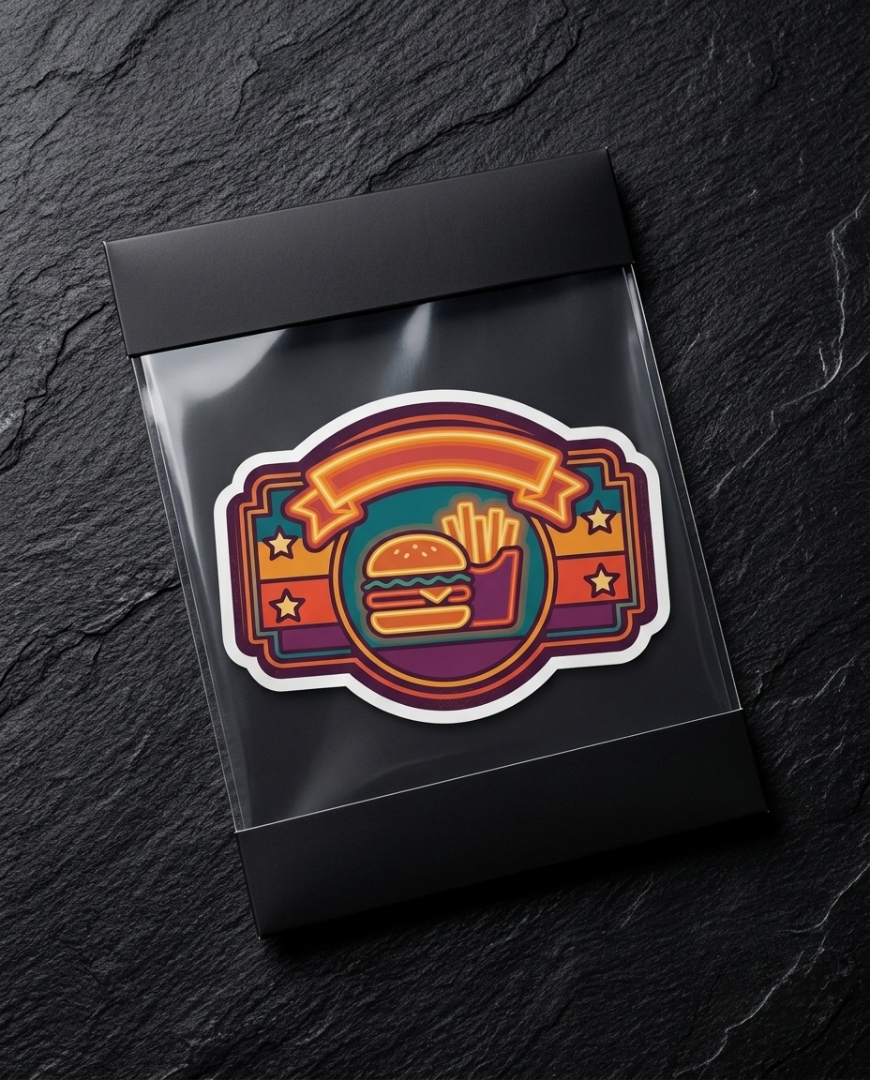 A die-cut sticker featuring a retro-style burger and french fries emblem inside a black backing card, placed on a dark textured slate surface.