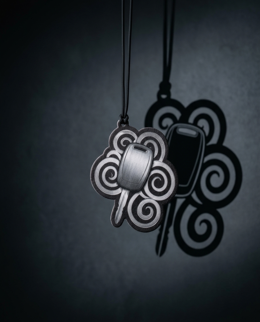 A black metal pendant necklace featuring a stylized four-leaf clover design with swirling patterns and a central rectangular element, shown hanging against a dark textured background with a prominent shadow.