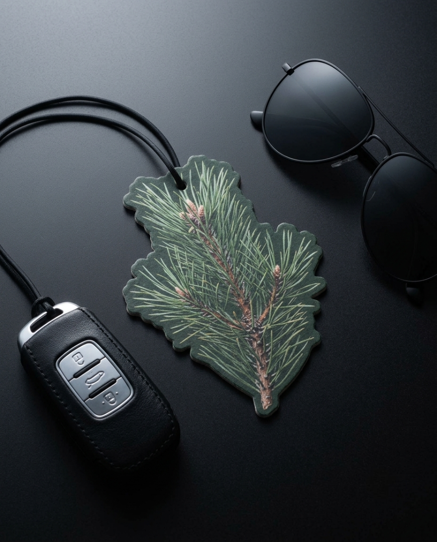 A pine needle-shaped car air freshener with a realistic green and brown pine branch design, displayed on a dark surface alongside a black car key fob and black sunglasses.