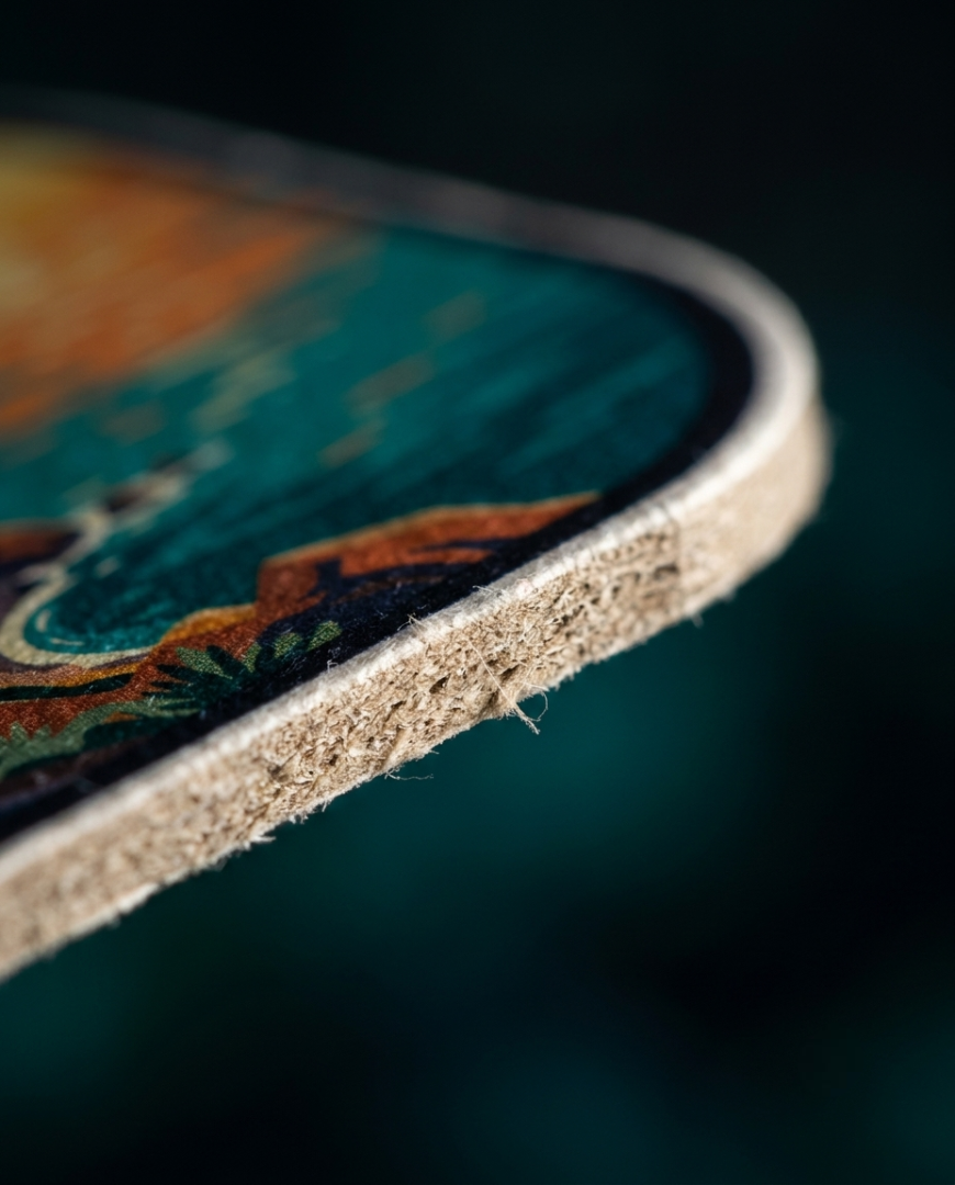 Close-up of a skateboard deck corner showing the printed multicolor graphic and the natural wood edge with grip tape.