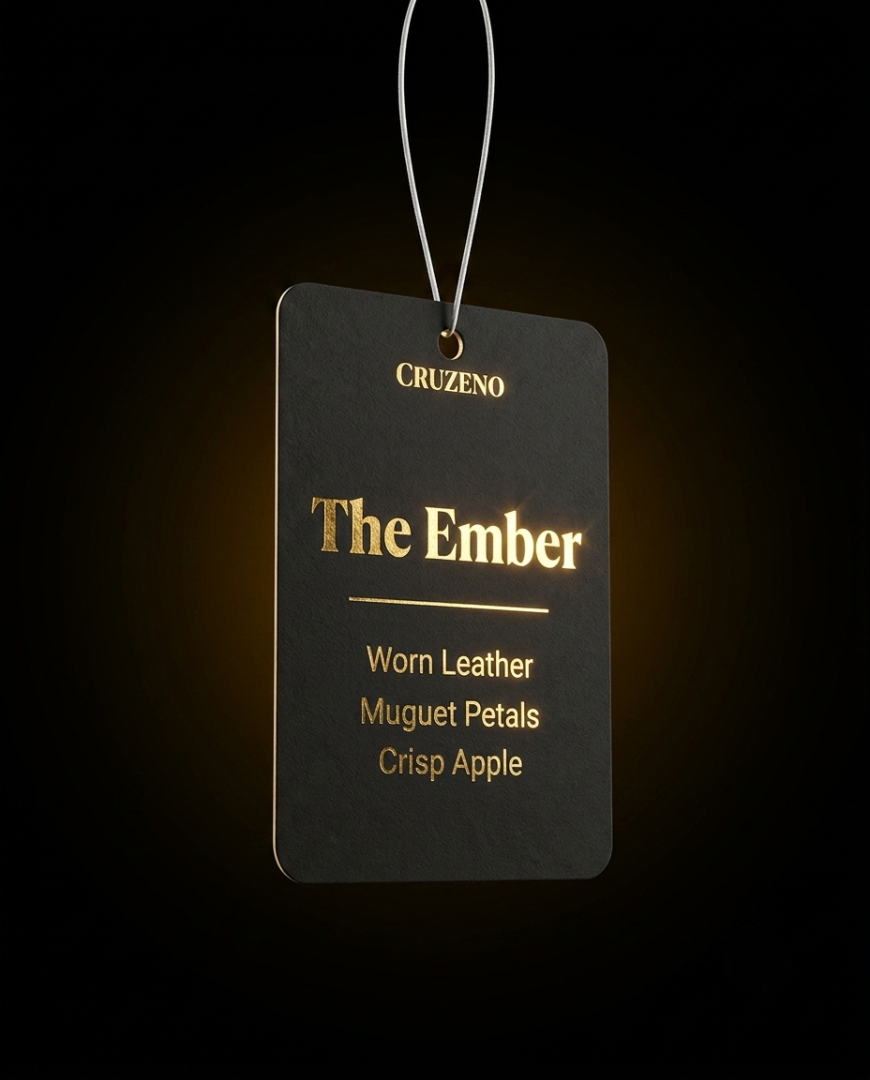 Cruzeno 'The Ember' air freshener tag on a black background