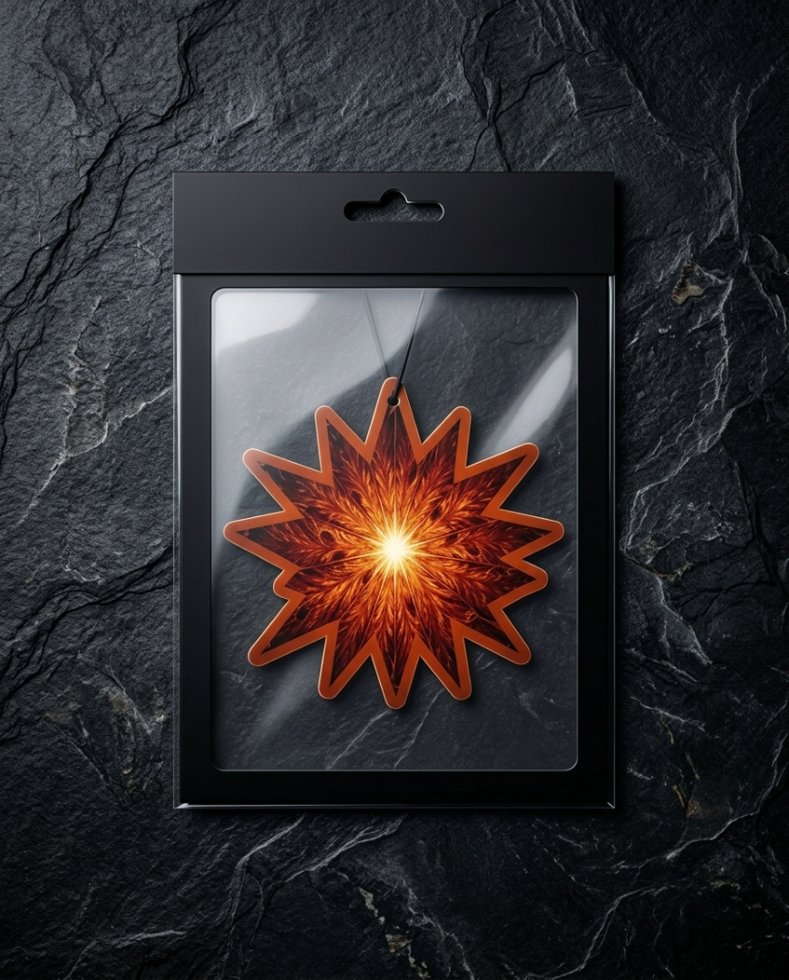 A glowing orange and red starburst-shaped pendant or ornament displayed inside a black hanging retail sleeve against a dark textured stone background.
