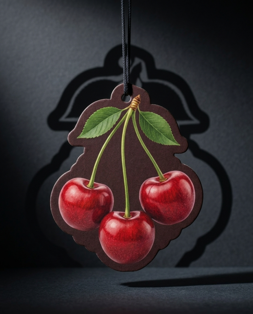 A cherry-shaped hanging ornament or car air freshener with three glossy red cherries, green leaves, and stems, suspended by a black cord against a dark gray background with a shadow.