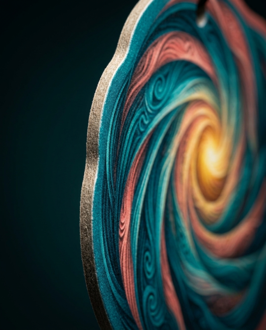 A close-up of a circular decorative item with a scalloped edge, featuring a swirling spiral pattern in teal, coral pink, and gold tones against a dark background.