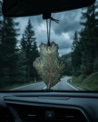 A pine needle-shaped car air freshener hangs from the rearview mirror in a car, with a blurred forest road and cloudy sky visible through the windshield.