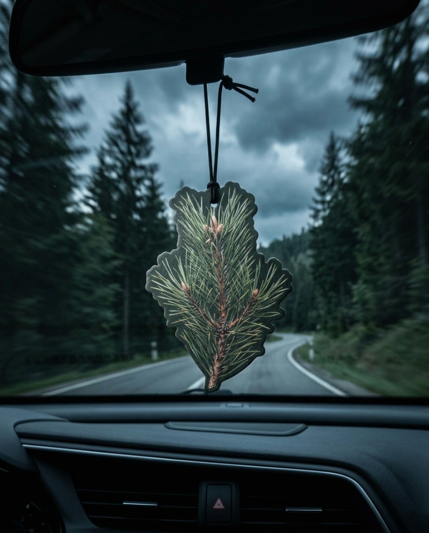 A pine needle-shaped car air freshener hangs from the rearview mirror in a car, with a blurred forest road and cloudy sky visible through the windshield.
