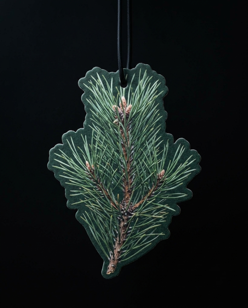 A pine needle-shaped air freshener or car fragrance ornament hanging from a black cord against a solid black background.