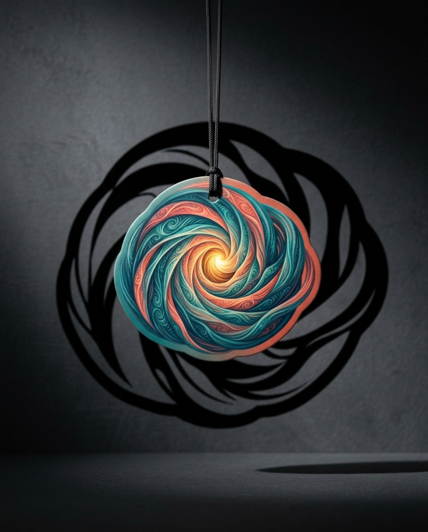 A circular pendant or wall hanging with a swirling spiral design in teal, coral, and orange tones, suspended by a thin black cord against a dark gray wall with a large black shadow behind it.