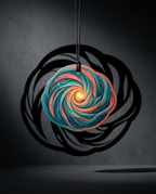 A circular pendant or wall hanging with a swirling spiral design in teal, coral, and orange tones, suspended by a thin black cord against a dark gray wall with a large black shadow behind it.