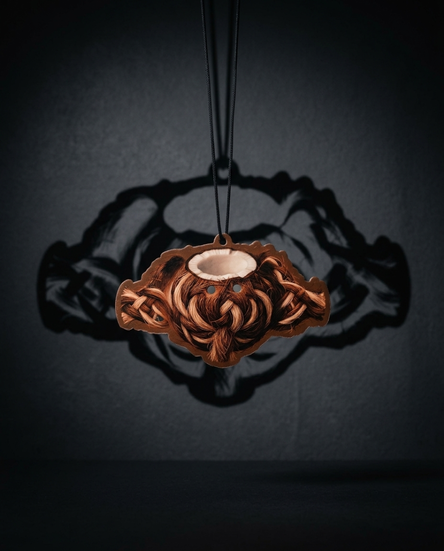 A copper-colored Celtic knot pendant with a central cup holder, suspended by a black cord against a dark gray background with a dramatic shadow.