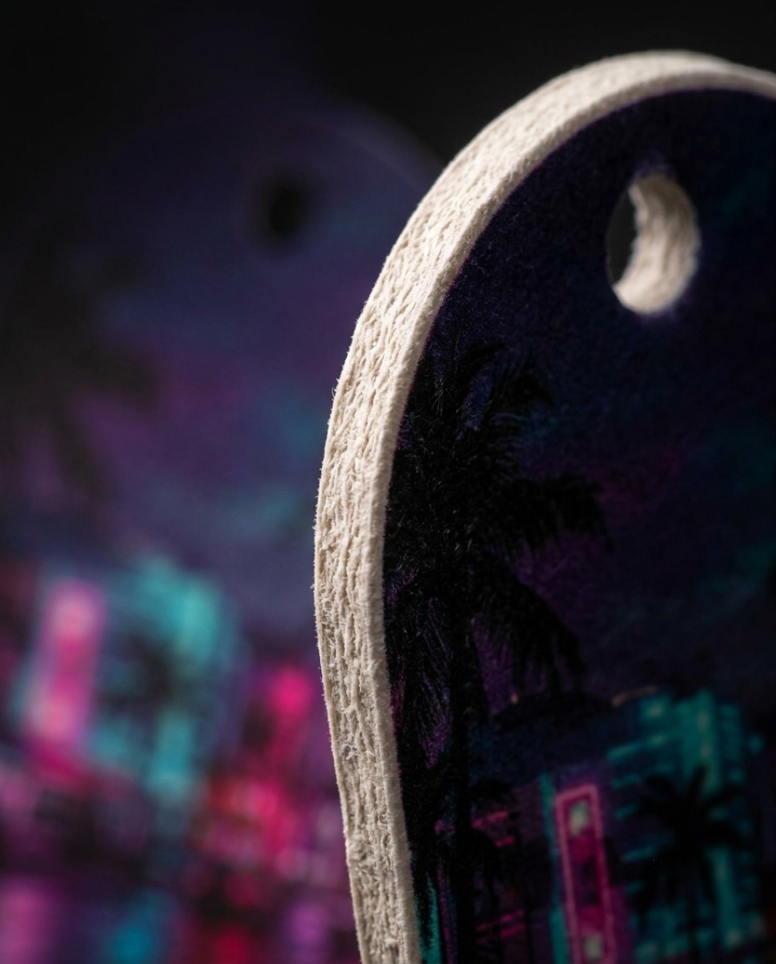 A close-up of a die-cut wooden tag or ornament with a light natural wood edge and a dark printed tropical cityscape design featuring palm trees and neon lights, set against a blurred multicolor background.