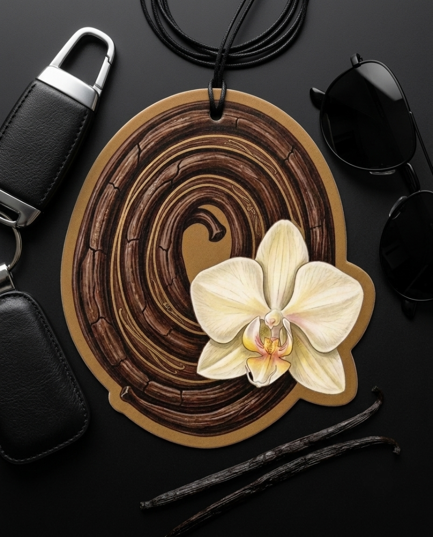 A round wooden car air freshener ornament with a hand-painted brown wood grain swirl pattern and a white orchid flower, styled on a black background with sunglasses, a keychain, and vanilla beans.