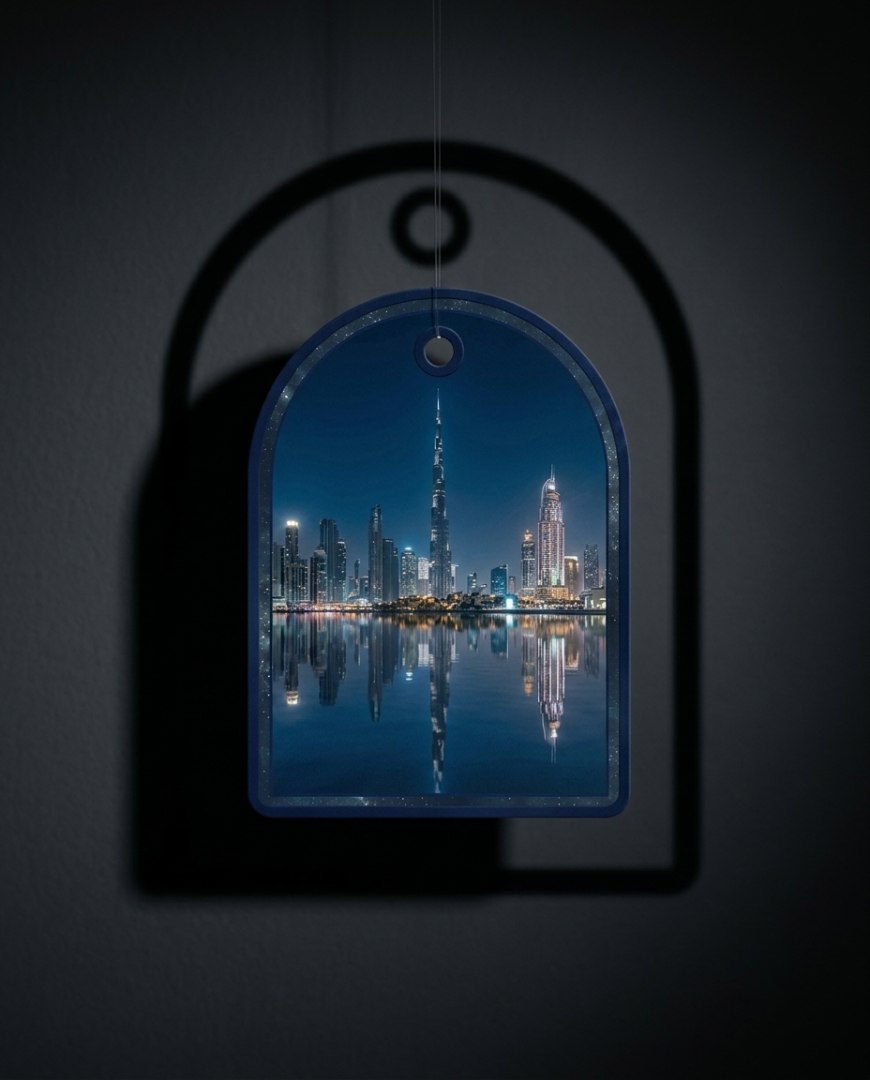 An arched acrylic hanging ornament featuring a printed night city skyline with tall skyscrapers and their reflections in water, suspended against a dark wall.