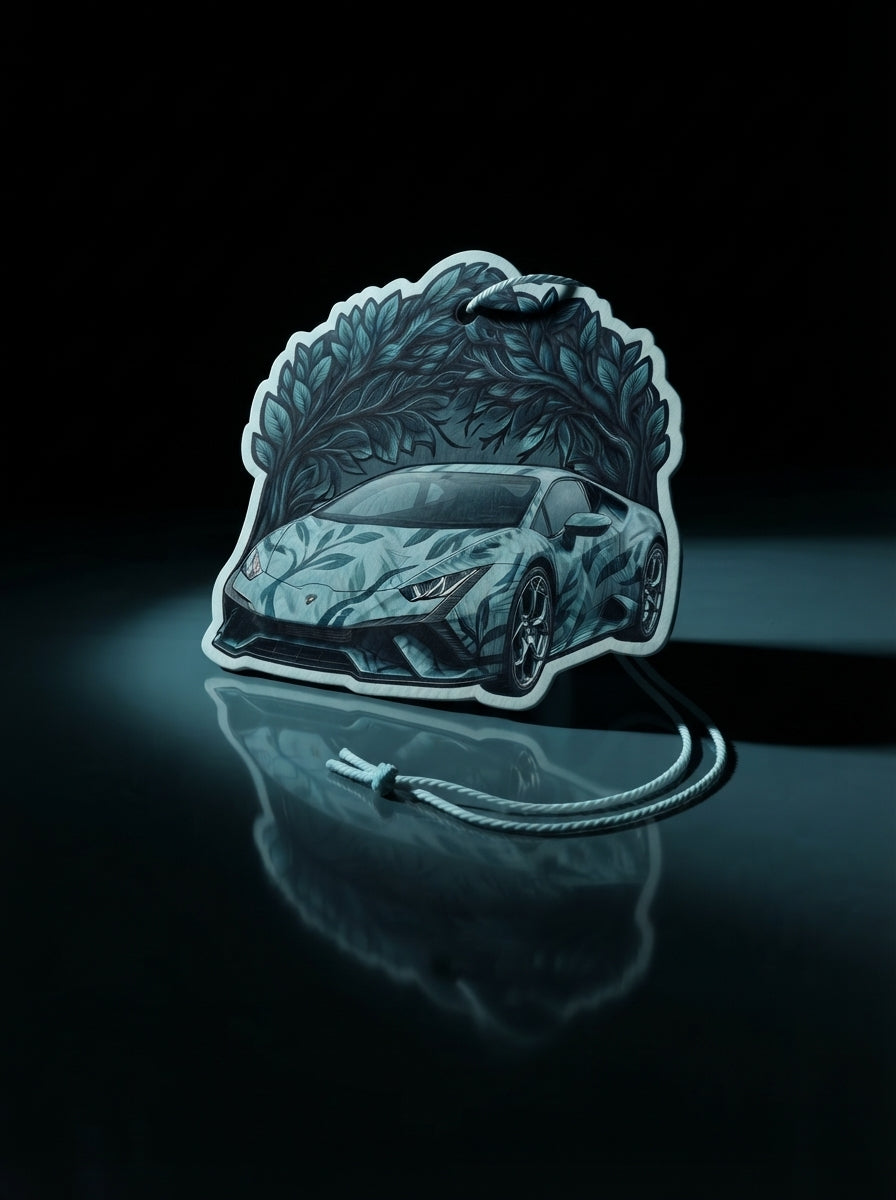 A die-cut car-shaped sticker or patch featuring a stylized sports car under a tree canopy, shown on a glossy black reflective surface with a cord attached.