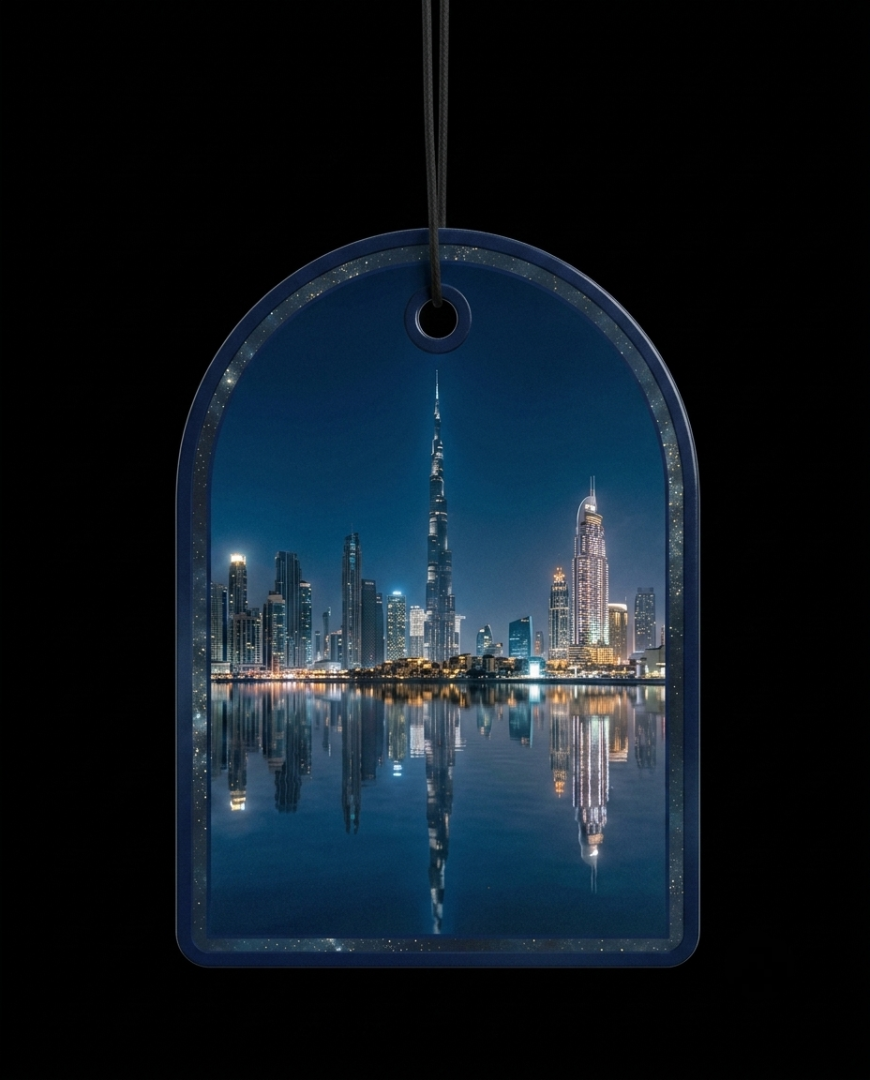 An arched, dark blue ornament or plaque featuring a nighttime city skyline with a prominent skyscraper and its reflection in water, suspended against a black background.