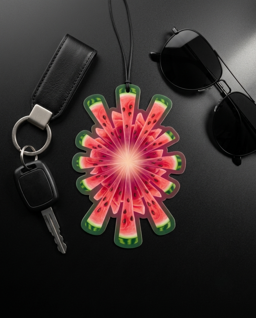 A watermelon-patterned car air freshener or fragrance diffuser hangs from a black cord on a dark surface, styled with a black leather key fob and keys, sunglasses, and a black car key fob on a dark background.