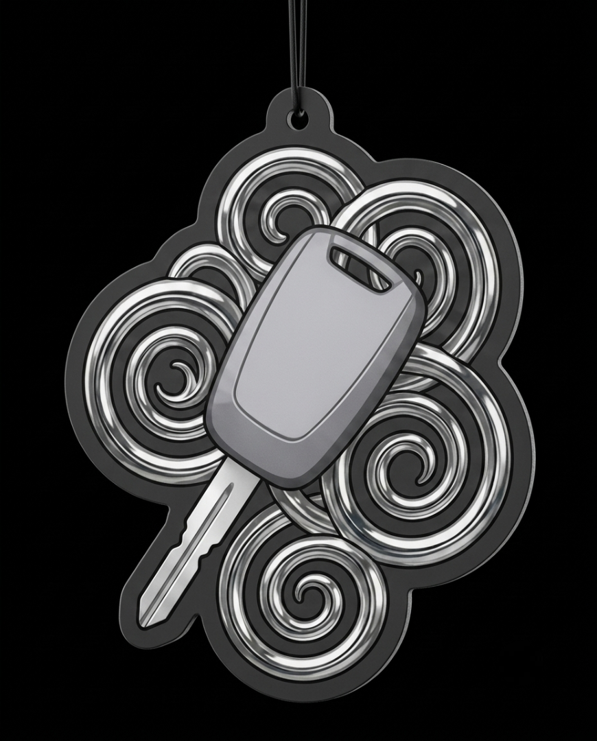 A novelty car air freshener or keychain charm featuring a gray car key in the center, surrounded by a black and silver cloud-shaped outline with swirling patterns, shown against a solid black background.