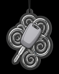 A novelty car air freshener or keychain charm featuring a gray car key in the center, surrounded by a black and silver cloud-shaped outline with swirling patterns, shown against a solid black background.