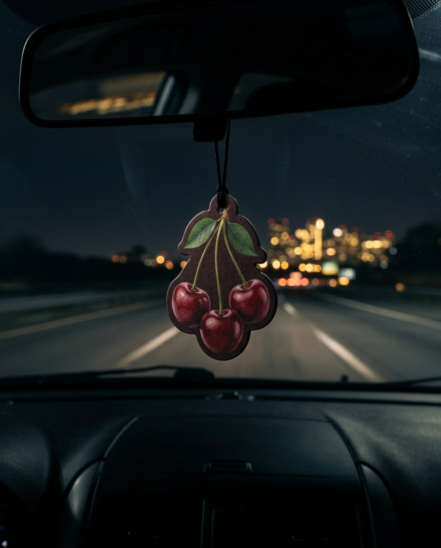 A cherry-shaped car air freshener hangs from a rearview mirror inside a moving car, with blurred city lights and a highway road visible outside at night.