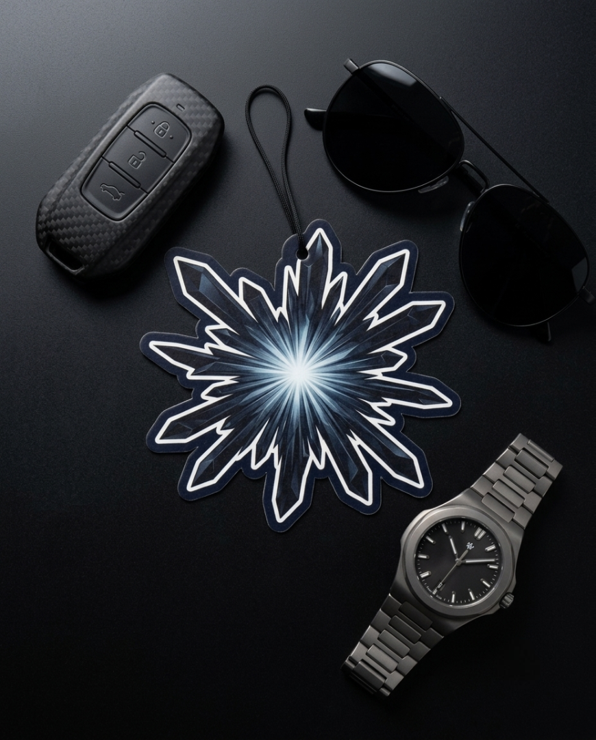 A styled flat-lay featuring a central white and blue glowing snowflake-shaped air freshener or ornament, surrounded by a black carbon-fiber car key fob, black sunglasses, and a silver metal wristwatch on a dark background.