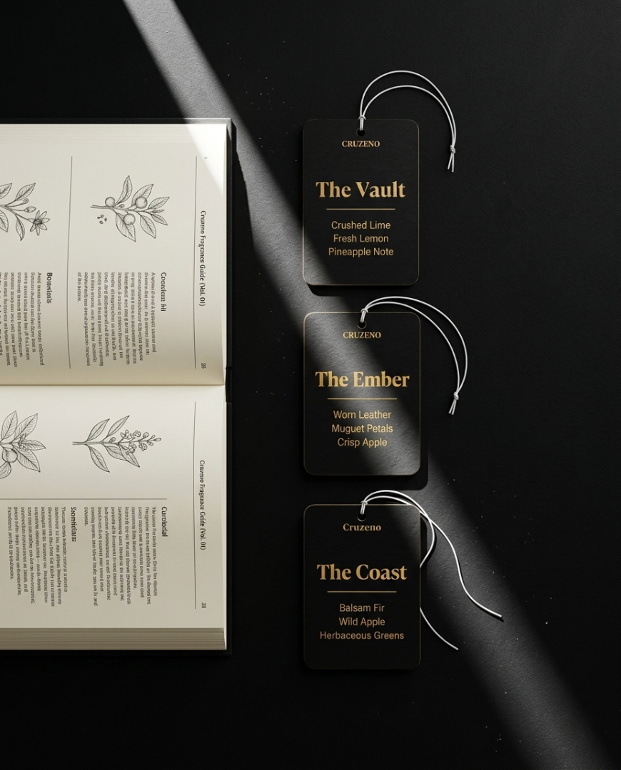 Three black fragrance tag cards with gold text for Creations Cinnamon, The Vault, and The Ember, displayed next to an open book on a dark background with dramatic diagonal light beams. A third tag card is labeled 'The Coast'.