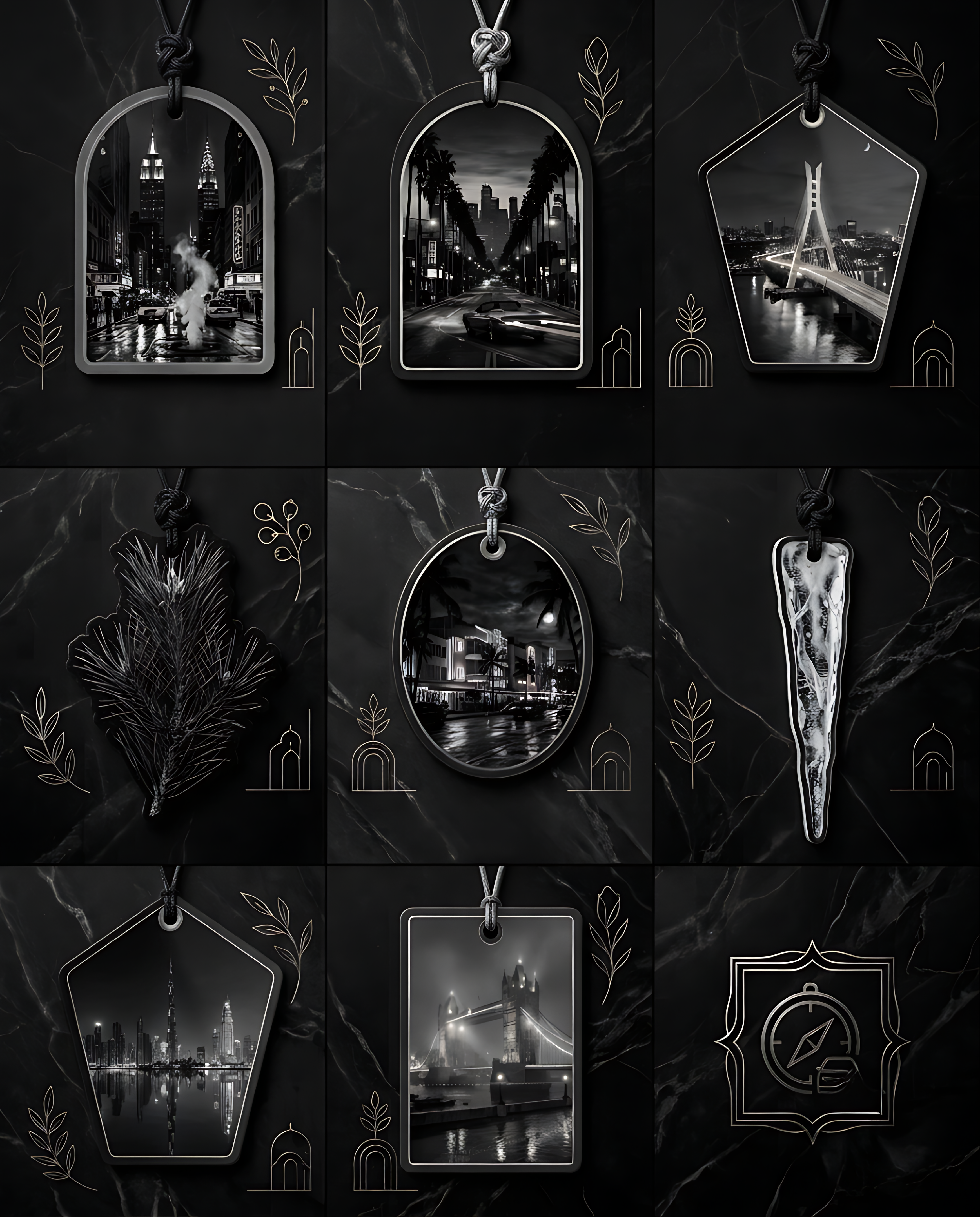 A 3x3 grid of black pendant necklaces with silver-toned borders, each featuring a different black-and-white cityscape or architectural scene. The pendants are displayed on a dark marble-like background with subtle gold line drawings of houses and branches.