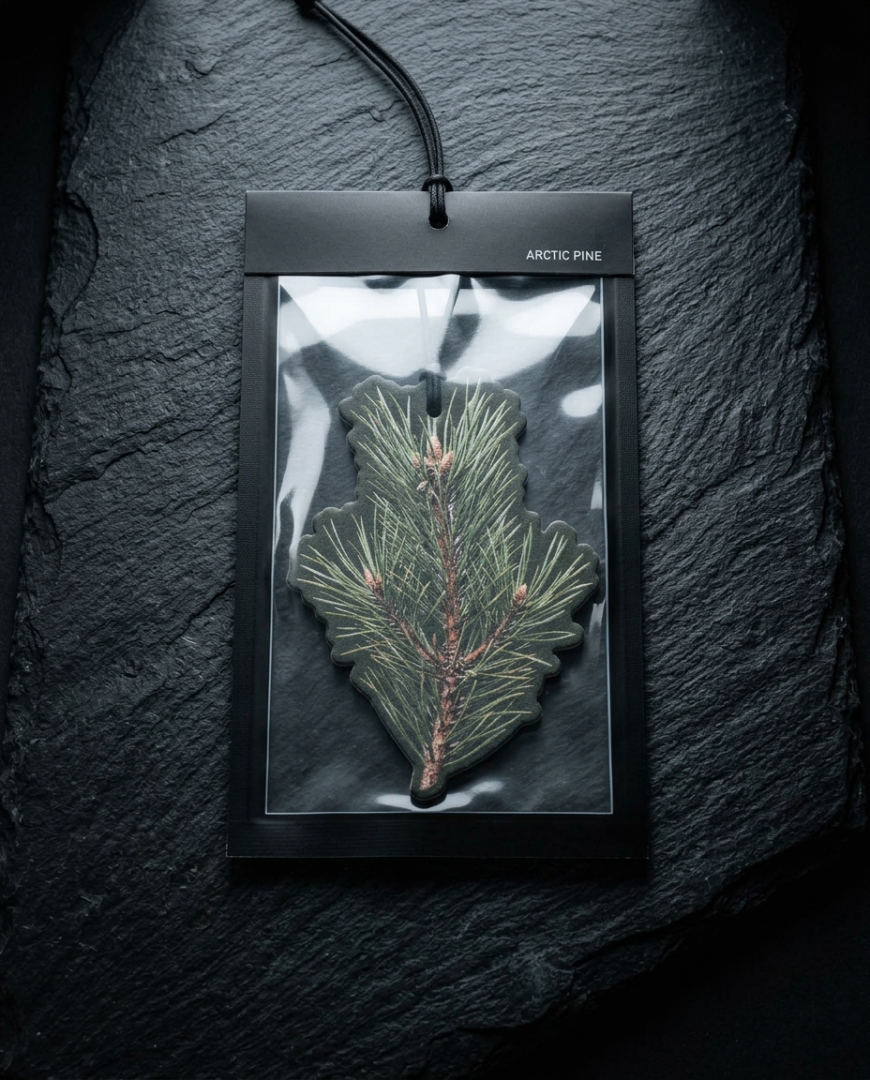 An arctic pine needle-shaped ornament inside a clear plastic sleeve on a black card labeled 'ARCTIC PINE', displayed on a dark textured slate background.