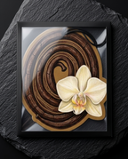 Framed wall art featuring a stylized brown coiled form with a cream orchid flower in the foreground, displayed on a dark textured stone surface.