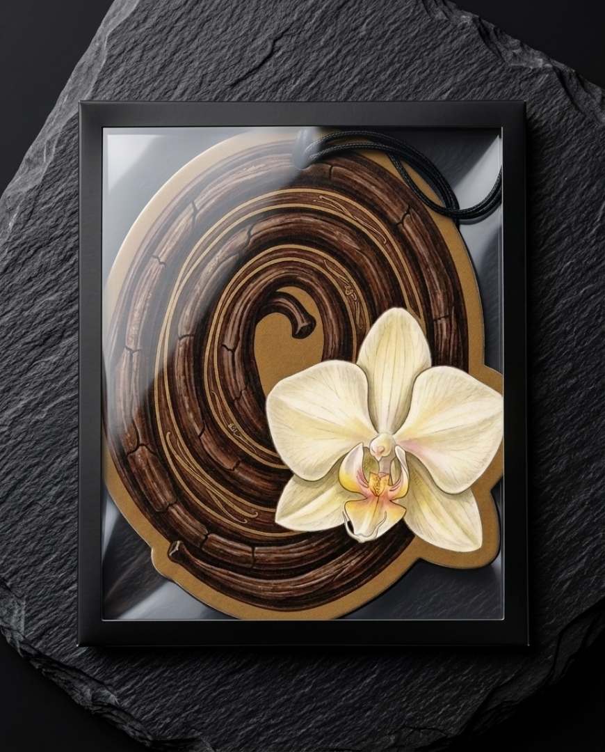 Framed wall art featuring a stylized brown coiled form with a cream orchid flower in the foreground, displayed on a dark textured stone surface.