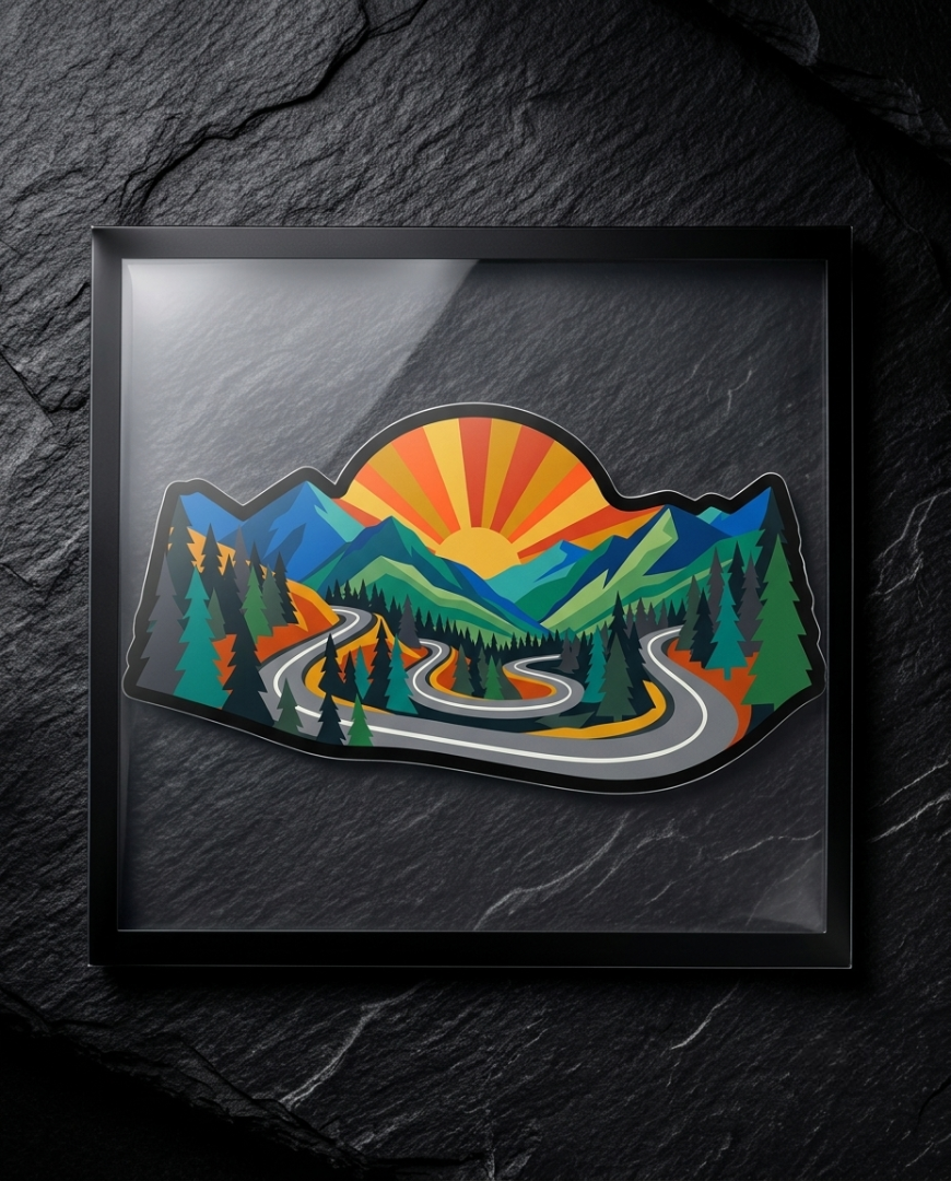 A framed art print featuring a colorful vector illustration of a winding road through green pine forests and blue mountains under a yellow and orange sun, displayed on a dark textured slate background.