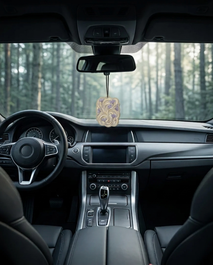 An ornate gold and purple hanging car air freshener is suspended from the rearview mirror inside a modern car cabin with a forest view outside.