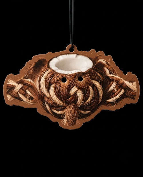 A decorative hanging ornament shaped like a coiled brown and cream faux-fur creature with a white hollow center, shown against a solid black background.
