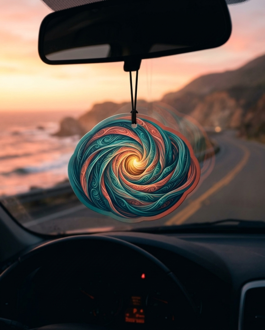 A colorful spiral-patterned car air freshener hangs from the rearview mirror inside a car, with a sunset coastal road scene visible through the windshield.