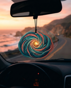 A colorful spiral-patterned car air freshener hangs from the rearview mirror inside a car, with a sunset coastal road scene visible through the windshield.