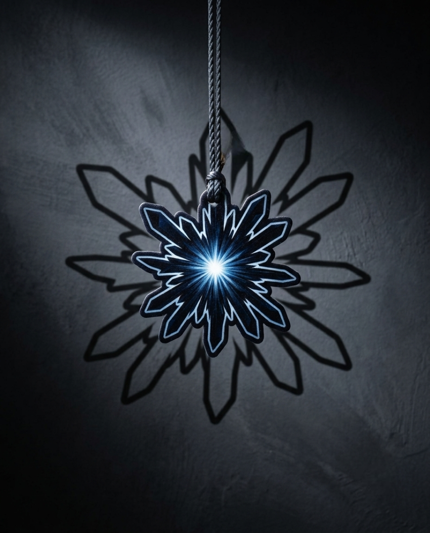 A hanging decorative ornament shaped like a snowflake or starburst, with a glowing blue-white center and dark outline, suspended against a dark textured background.