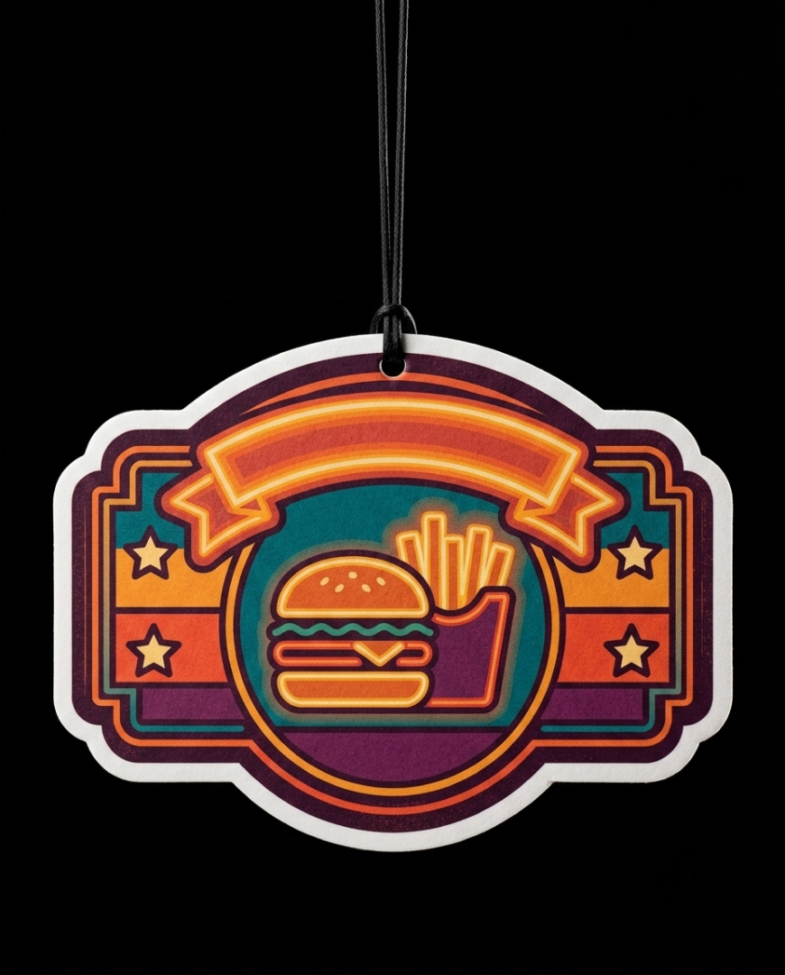A die-cut hanging air freshener or car fragrance ornament featuring a retro neon-style burger and french fries graphic on a black background.