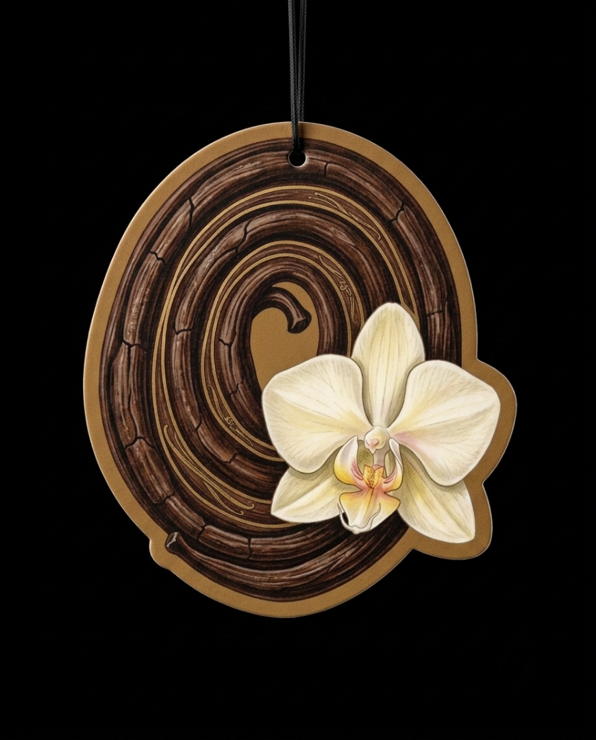 A round wooden diffuser or ornament featuring a coiled brown wood-grain pattern and a realistic white orchid flower attached near the lower right, suspended against a solid black background.