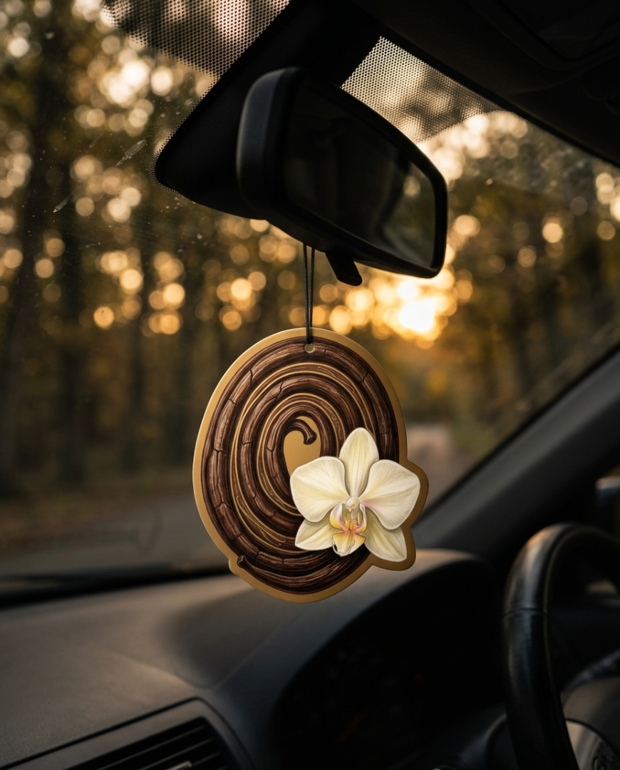 A round brown spiral garland ornament with a white orchid flower attached, hanging from a car rearview mirror inside a vehicle. The background shows a blurred forest scene with warm sunlight through the windshield.