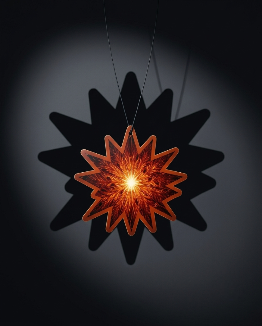 A glowing star-shaped pendant or ornament with an amber-orange translucent center and a dark outer border, suspended against a dark gray background with a large black star shadow behind it.