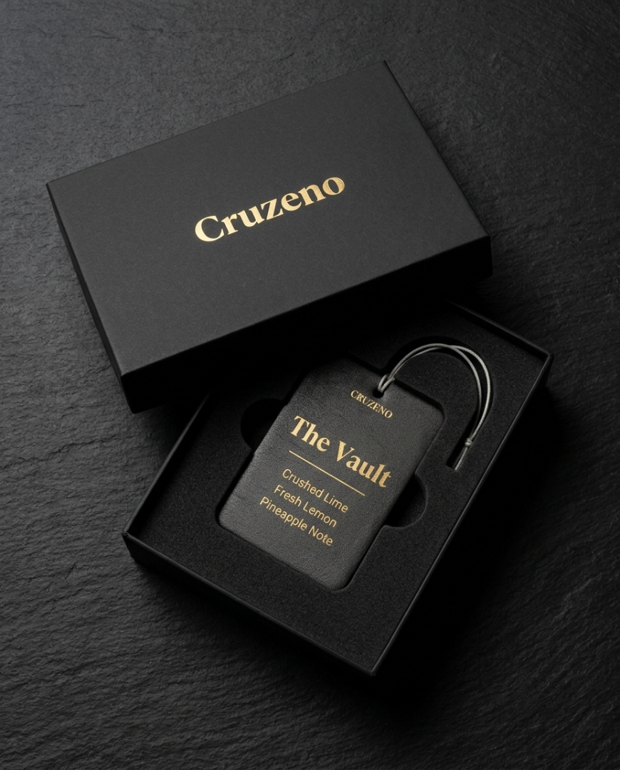 Black packaging box with 'Cruzeno' branding featuring a black tag inside.